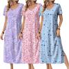 Ekouaer Long Nightgowns for Women 3 Pack Night Gown Short Sleeve House Dress V Neck Lounge Dress Plus Size Sleep Shirts(Blue Moon Star/Purple Star/Pink Floral)