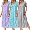 Ekouaer Long Nightgowns for Women 3 Pack Night Gown Short Sleeve House Dress V Neck Lounge Dress Plus Size Sleep Shirts(Grey Coffee/Purple Star/Blue Butterfly)