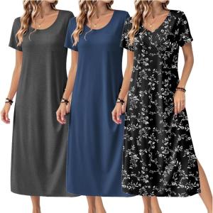 Ekouaer Long Nightgowns for Women 3 Pack Night Gown Short Sleeve House Dress V Neck Lounge Dress Plus Size Sleep Shirts(Black Floral/Grey/Blue)