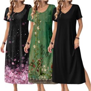 Ekouaer Long Nightgowns for Women 3 Pack Night Gown Short Sleeve House Dress V Neck Lounge Dress Plus Size Sleep Shirts(Black/Black Pink Floral/Green Floral)