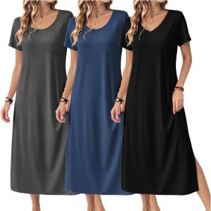 Ekouaer Long Nightgowns for Women 3 Pack Night Gown Short Sleeve House Dress V Neck Lounge Dress Plus Size Sleep Shirts(Black/Grey/Blue)