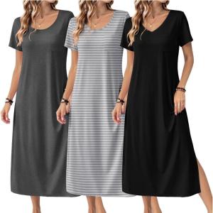 Ekouaer Long Nightgowns for Women 3 Pack Night Gown Short Sleeve House Dress V Neck Lounge Dress Plus Size Sleep Shirts(Black/Grey/Grey Stripe)