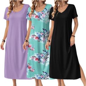 Ekouaer Long Nightgowns for Women 3 Pack Night Gown Short Sleeve House Dress V Neck Lounge Dress Plus Size Sleep Shirts(Black/Lilac/Green Flower)