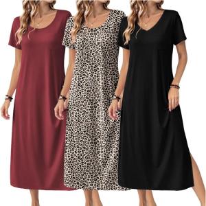 Ekouaer Long Nightgowns for Women 3 Pack Night Gown Short Sleeve House Dress V Neck Lounge Dress Plus Size Sleep Shirts(Black/Wine Red/Leopard)