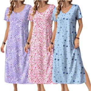 Ekouaer Long Nightgowns for Women 3 Pack Night Gown Short Sleeve House Dress V Neck Lounge Dress Plus Size Sleep Shirts(Blue Moon Star/Purple Star/Pink Floral)