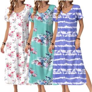 Ekouaer Long Nightgowns for Women 3 Pack Night Gown Short Sleeve House Dress V Neck Lounge Dress Plus Size Sleep Shirts(Tie Dye Blue/White Floral/Green Flower)