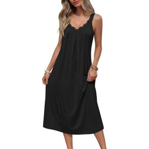 Ekouaer Sleeveless Nightgowns for Women Lace V-neck Long Nightdress Wide Strap Sleepwear Soft Lounge Dresses(Black)