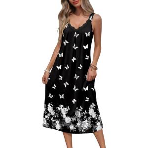 Ekouaer Sleeveless Nightgowns for Women Lace V-neck Long Nightdress Wide Strap Sleepwear Soft Lounge Dresses(Black Butterfly Floral)