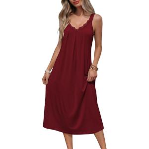 Ekouaer Sleeveless Nightgowns for Women Lace V-neck Long Nightdress Wide Strap Sleepwear Soft Lounge Dresses(Wine Red)