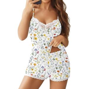 Ekouaer Womens Pajama Sets 2 Piece Lingerie Sleepwear Cute Cami Shorts Pjs Set Soft V Neck Lace Trim Nightwear(White Floral)