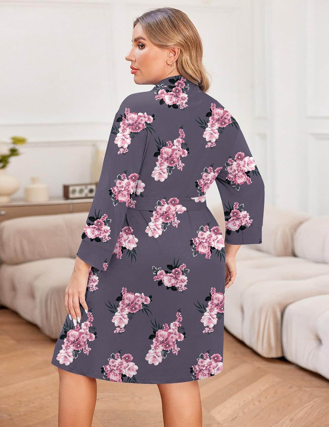 imageEkouaer Women Plus Size Robe Knee Length Lightweight Bathrobe Short Kimono Robes with Pockets Maternity RobePurple Flower
