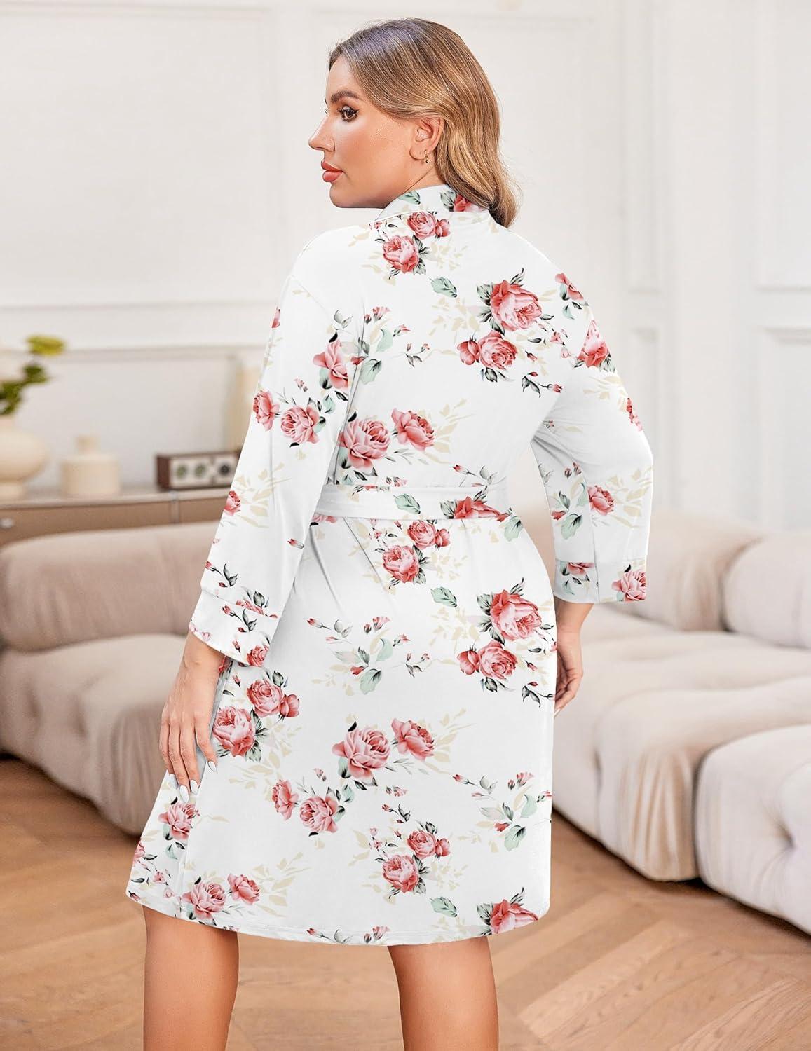 imageEkouaer Women Plus Size Robe Knee Length Lightweight Bathrobe Short Kimono Robes with Pockets Maternity RobeWhite Floral