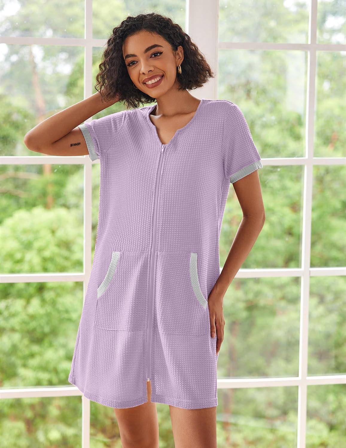 imageEkouaer Women Zipper Robe Waffle Short Sleeve Bathrobes Lightweight Knee Length Housecoat with Pockets