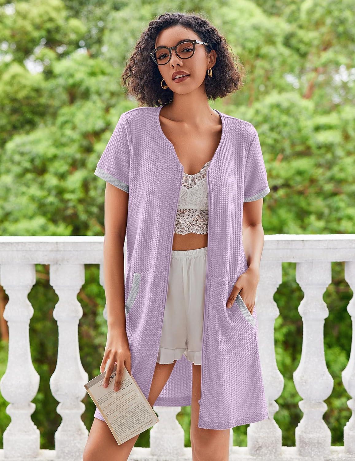 imageEkouaer Women Zipper Robe Waffle Short Sleeve Bathrobes Lightweight Knee Length Housecoat with Pockets