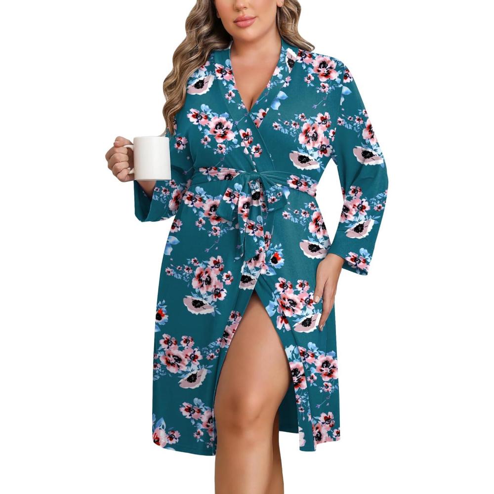 imageEkouaer Women Plus Size Robe Knee Length Lightweight Bathrobe Short Kimono Robes with Pockets Maternity RobeBlue Green Floral