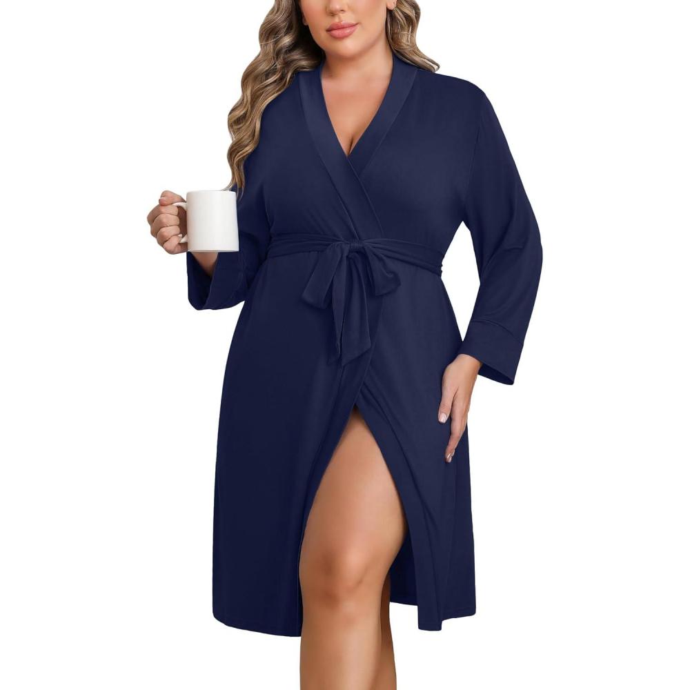 imageEkouaer Women Plus Size Robe Knee Length Lightweight Bathrobe Short Kimono Robes with Pockets Maternity RobeNavy