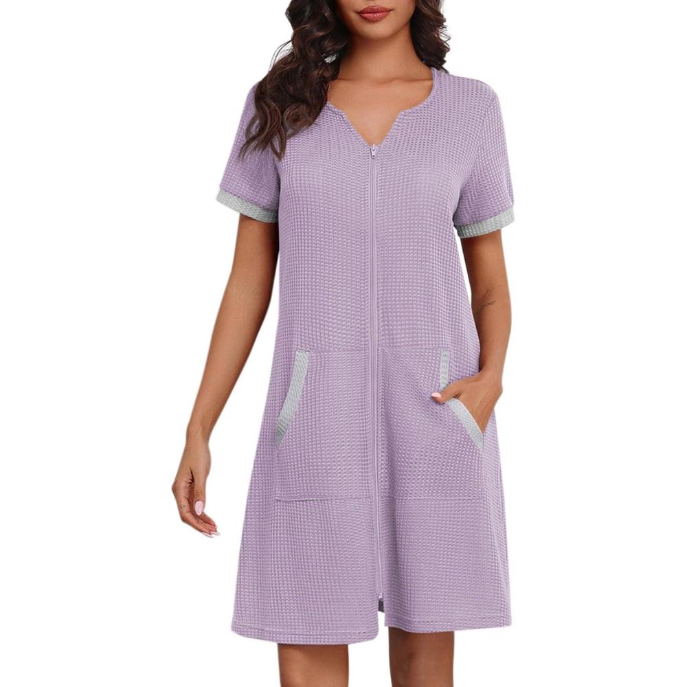 imageEkouaer Women Zipper Robe Waffle Short Sleeve Bathrobes Lightweight Knee Length Housecoat with Pockets
