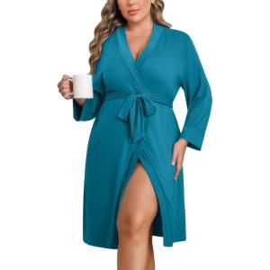Ekouaer Women Plus Size Robe Knee Length Lightweight Bathrobe Short Kimono Robes with Pockets Maternity Robe(Peacock Blue)