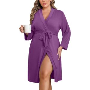 Ekouaer Women Plus Size Robe Knee Length Lightweight Bathrobe Short Kimono Robes with Pockets Maternity Robe(Purple)