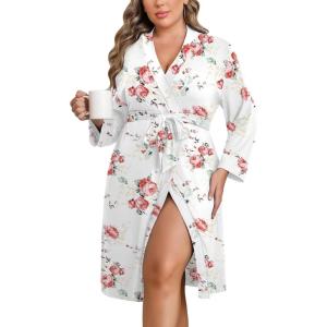 Ekouaer Women Plus Size Robe Knee Length Lightweight Bathrobe Short Kimono Robes with Pockets Maternity Robe(White Floral)
