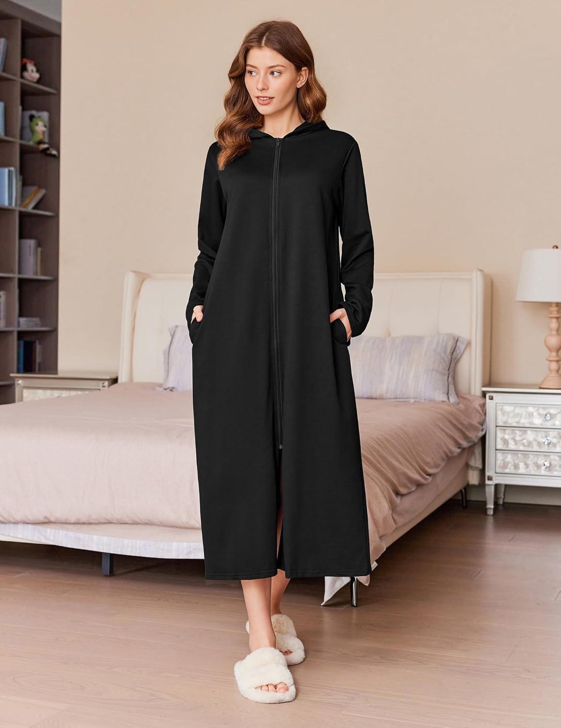 imageEkouaer Robe for Women Zipper Robe Loungewear Full Length Sleepwear Pockets Housecoat Casual Straight Robe SXXL