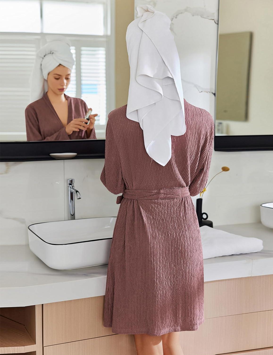 imageEkouaer Robes for Women Short Knit Bathrobe Lightweight Kimono Robe Knee Length Loungewear SXXL