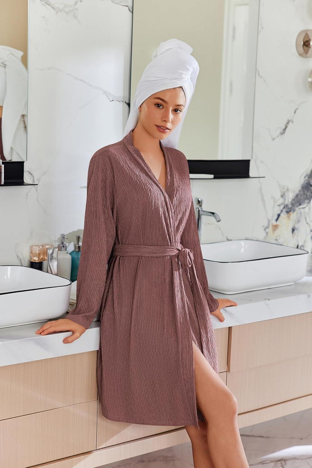 imageEkouaer Robes for Women Short Knit Bathrobe Lightweight Kimono Robe Knee Length Loungewear SXXL