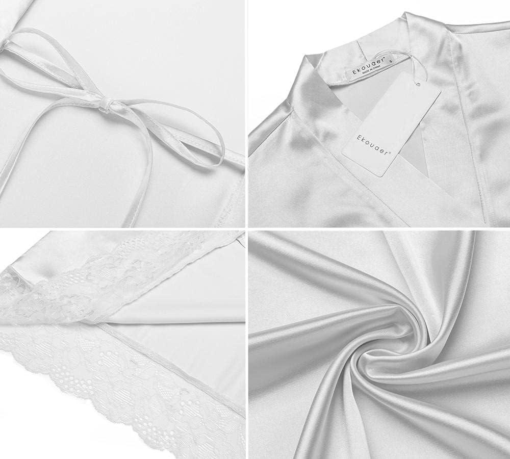 imageEkouaer Silk Robes for Women Lace Trim Satin Robe 34 Sleeve Kimono Bathrobe Bride Bridesmaid Wedding Party Sleepwear SXXLWhite