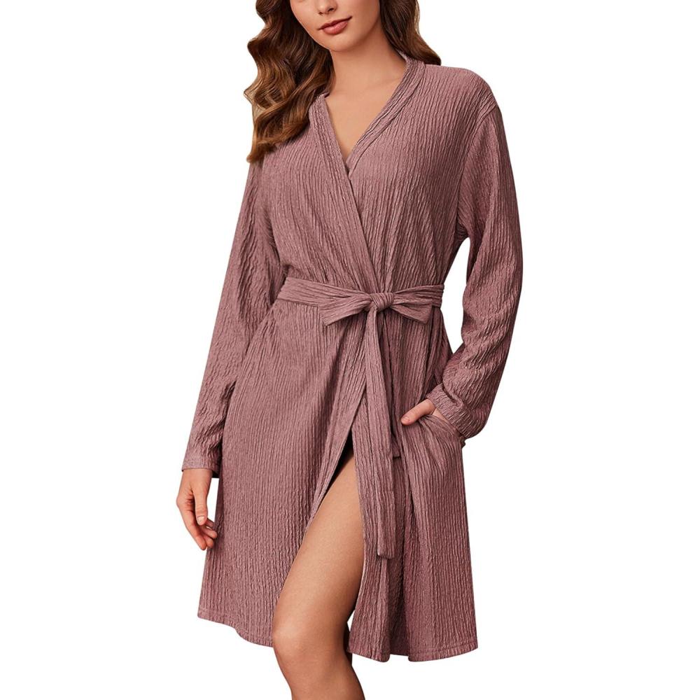 imageEkouaer Robes for Women Short Knit Bathrobe Lightweight Kimono Robe Knee Length Loungewear SXXL