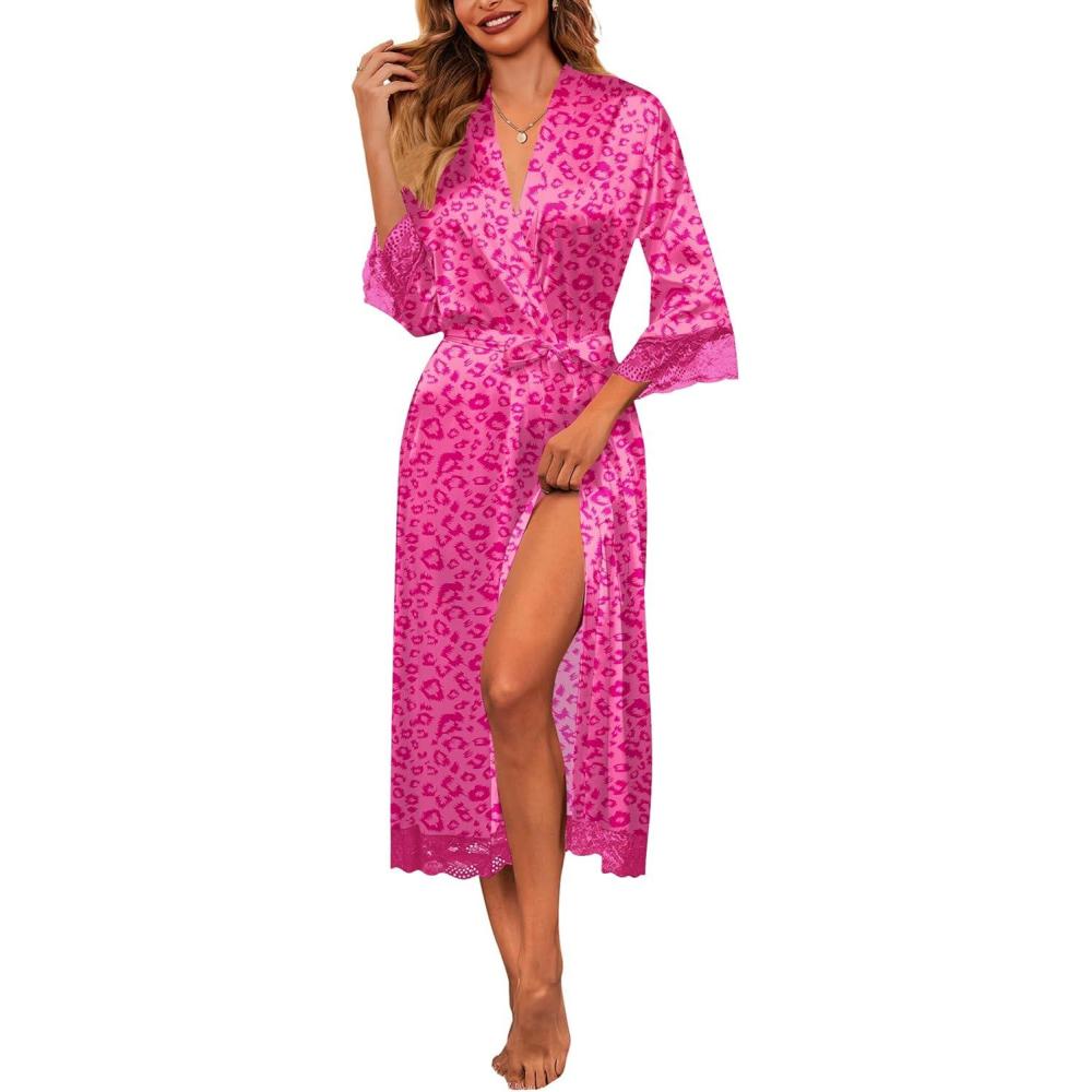 imageEkouaer Silk Robes for Women Lace Trim Satin Robe 34 Sleeve Kimono Bathrobe Bride Bridesmaid Wedding Party Sleepwear SXXLHot Pink Leopard