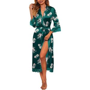 Ekouaer Silk Robes for Women Lace Trim Satin Robe 3/4 Sleeve Kimono Bathrobe Bride Bridesmaid Wedding Party Sleepwear S-XXL(Green Floral)
