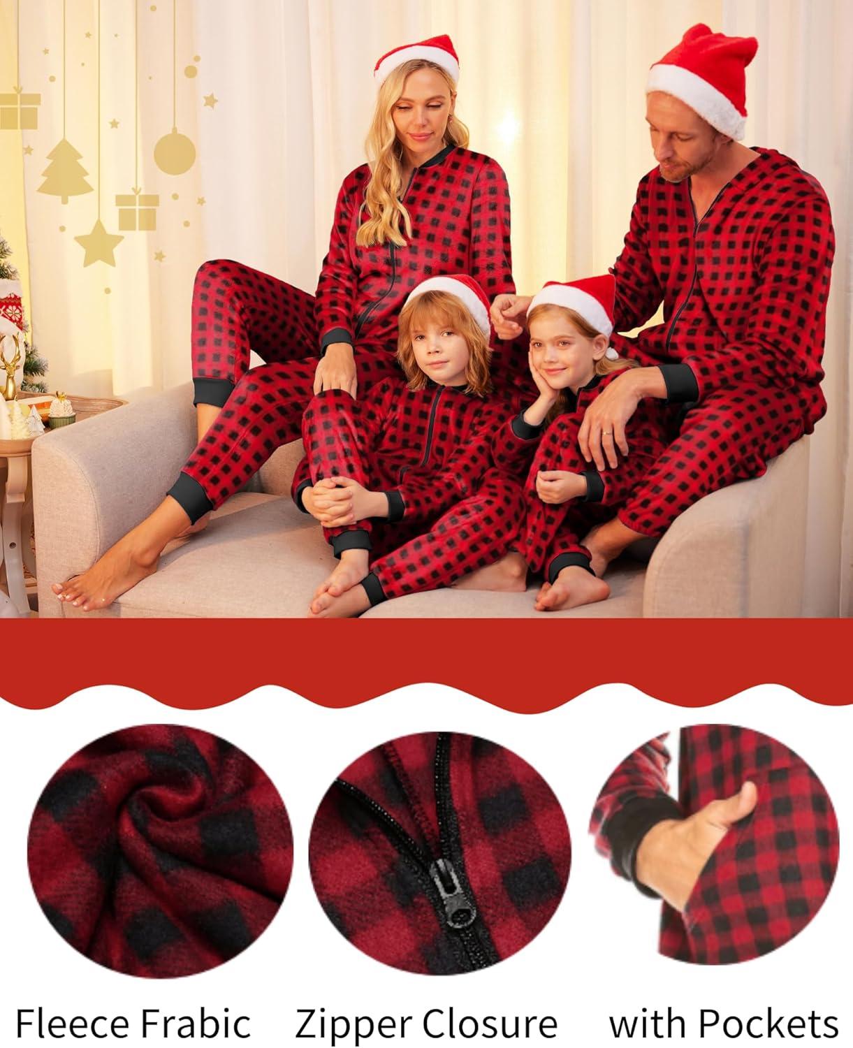 imageEkouaer Christmas Matching Pajamas Onesie for Family Fleece Onesie Sleepwear Zipper Jumpsuit with PocketsRed Plaid Onesie