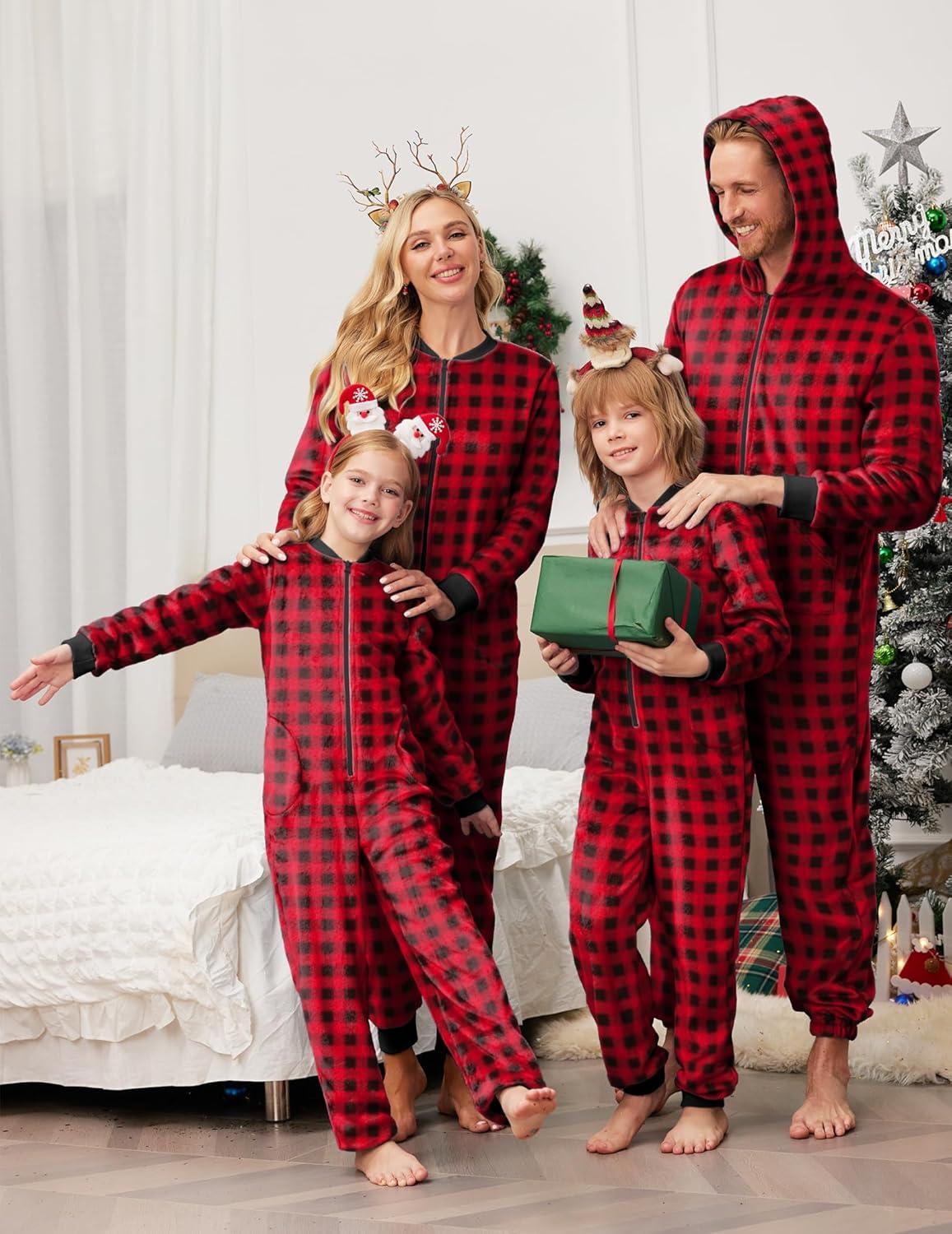 imageEkouaer Christmas Matching Pajamas Onesie for Family Fleece Onesie Sleepwear Zipper Jumpsuit with PocketsRed Plaid Onesie