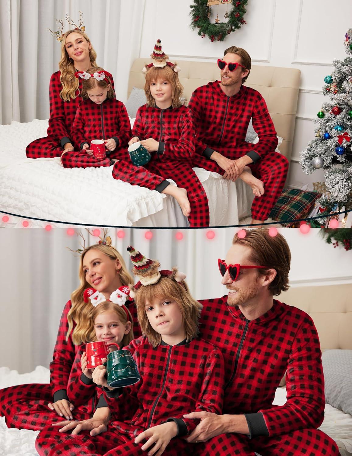imageEkouaer Christmas Matching Pajamas Onesie for Family Fleece Onesie Sleepwear Zipper Jumpsuit with PocketsRed Plaid Onesie