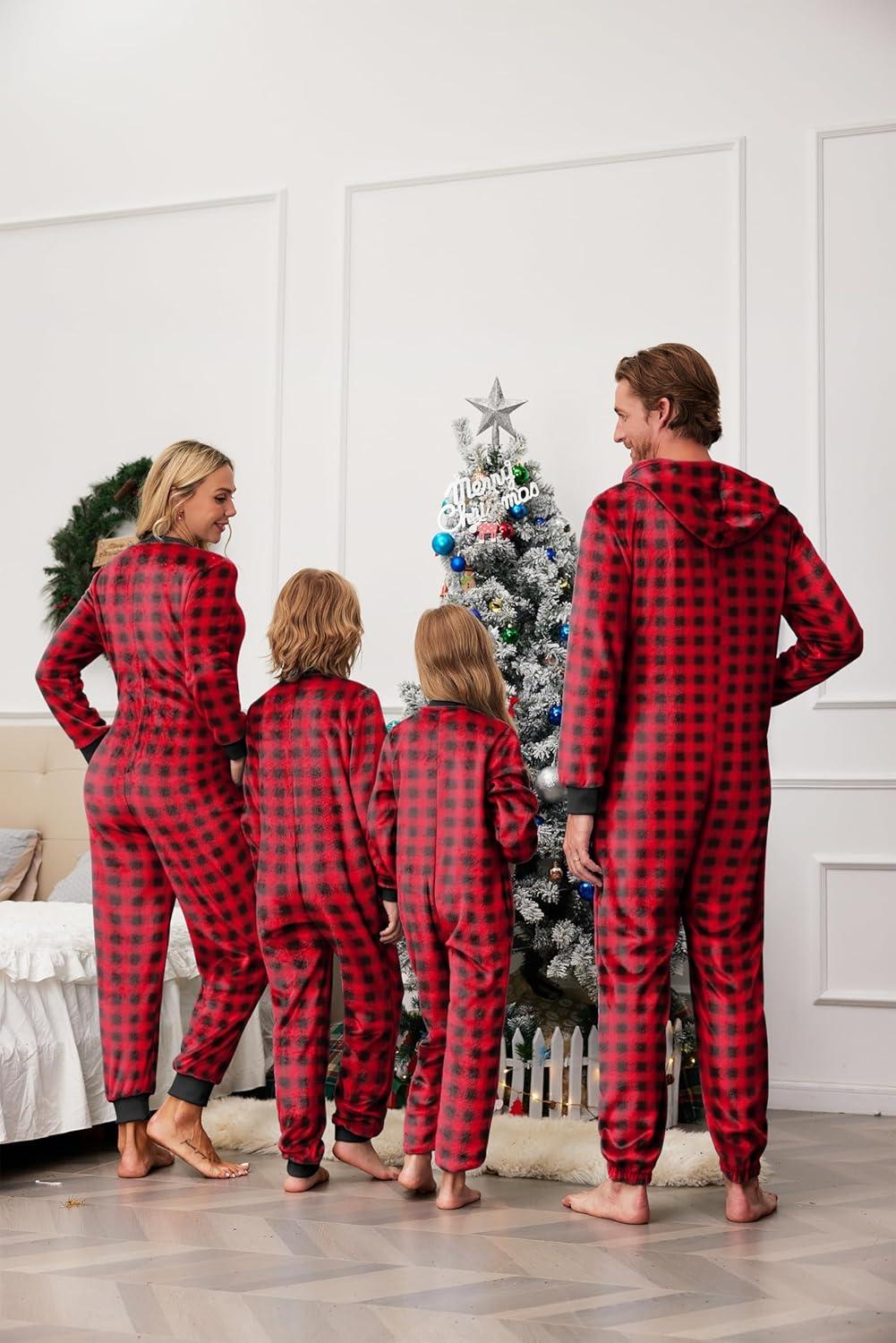 imageEkouaer Christmas Matching Pajamas Onesie for Family Fleece Onesie Sleepwear Zipper Jumpsuit with PocketsRed Plaid Onesie