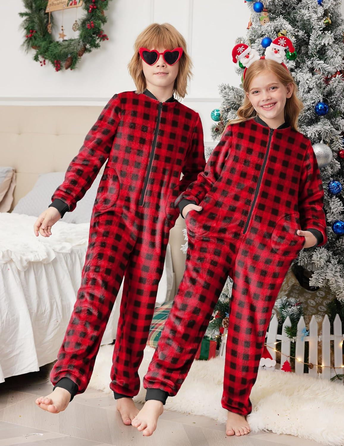 imageEkouaer Christmas Matching Pajamas Onesie for Family Fleece Onesie Sleepwear Zipper Jumpsuit with PocketsRed Plaid Onesie
