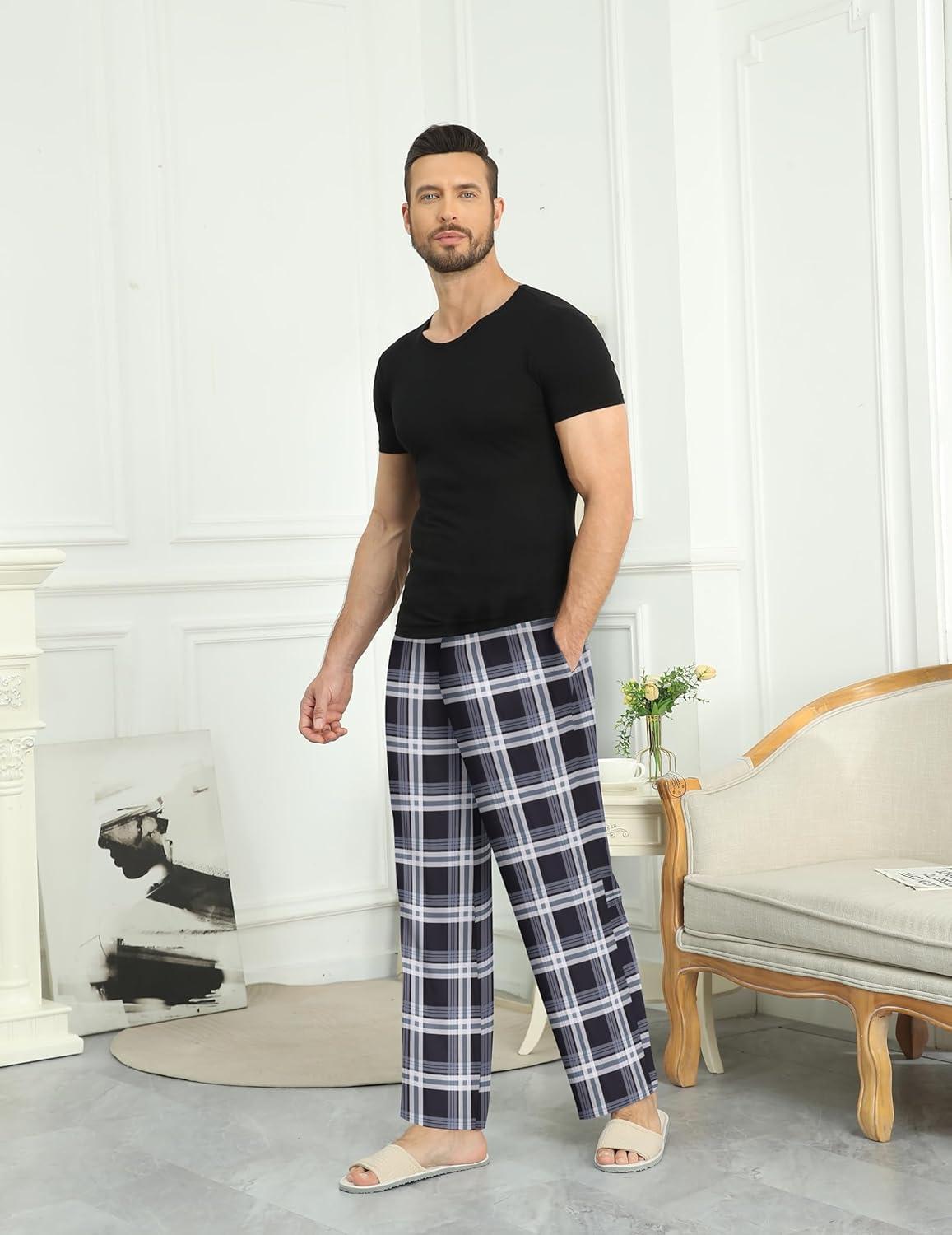 imageEkouaer Mens Pajama Pants Plaid Pj Lounge Pants Soft PJ Bottoms with Pockets amp Drawstring SXXLBlack and Grey Plaid