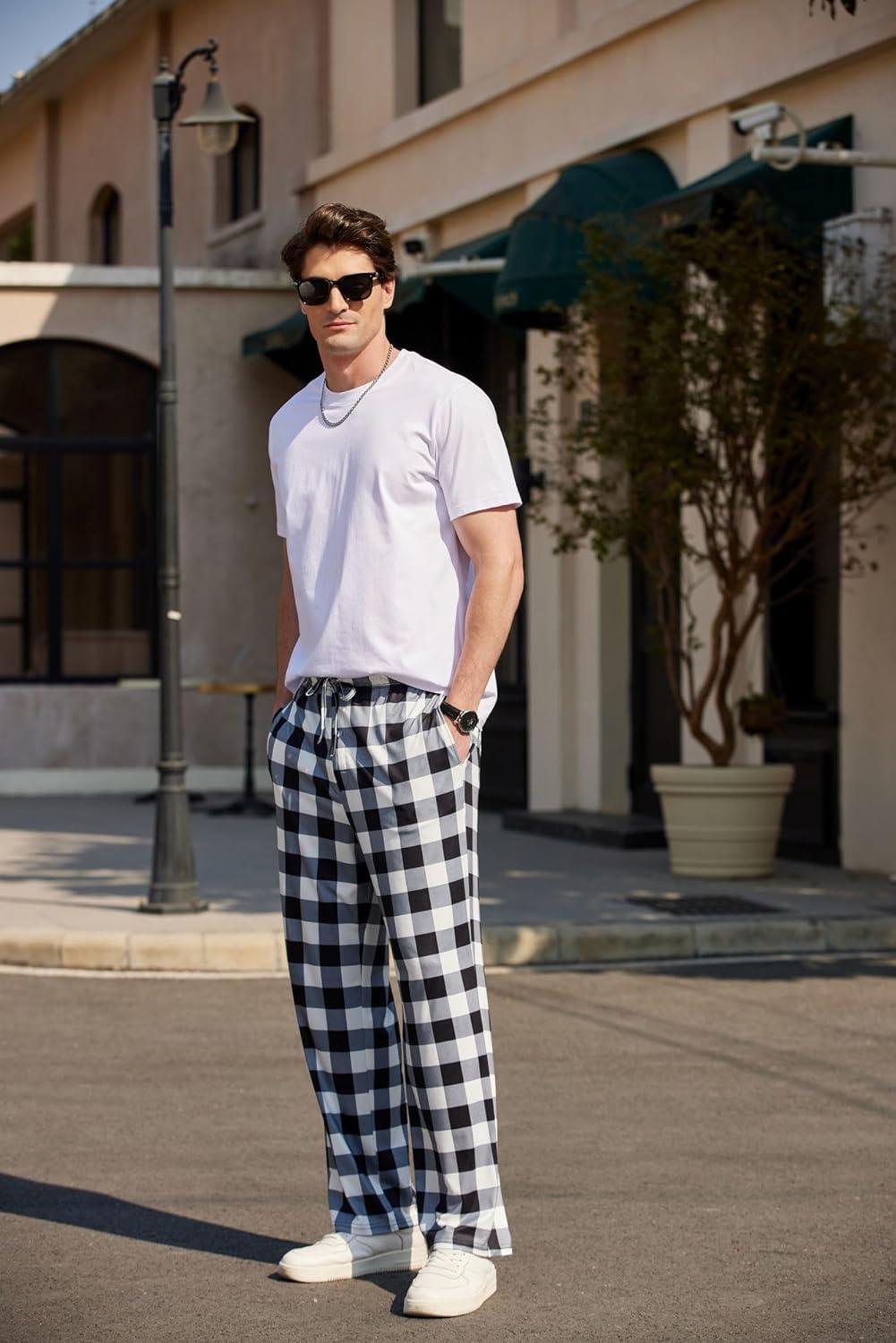 imageEkouaer Mens Pajama Pants Plaid Pj Lounge Pants Soft PJ Bottoms with Pockets amp Drawstring SXXLBlack and White Plaid