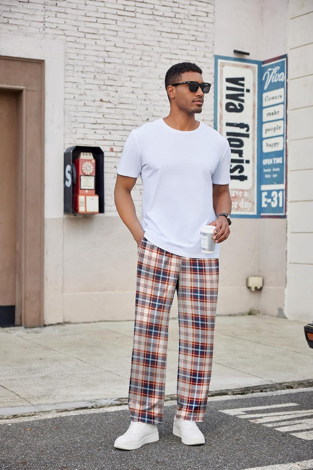 imageEkouaer Mens Pajama Pants Plaid Pj Lounge Pants Soft PJ Bottoms with Pockets amp Drawstring SXXLBrown and White Plaid