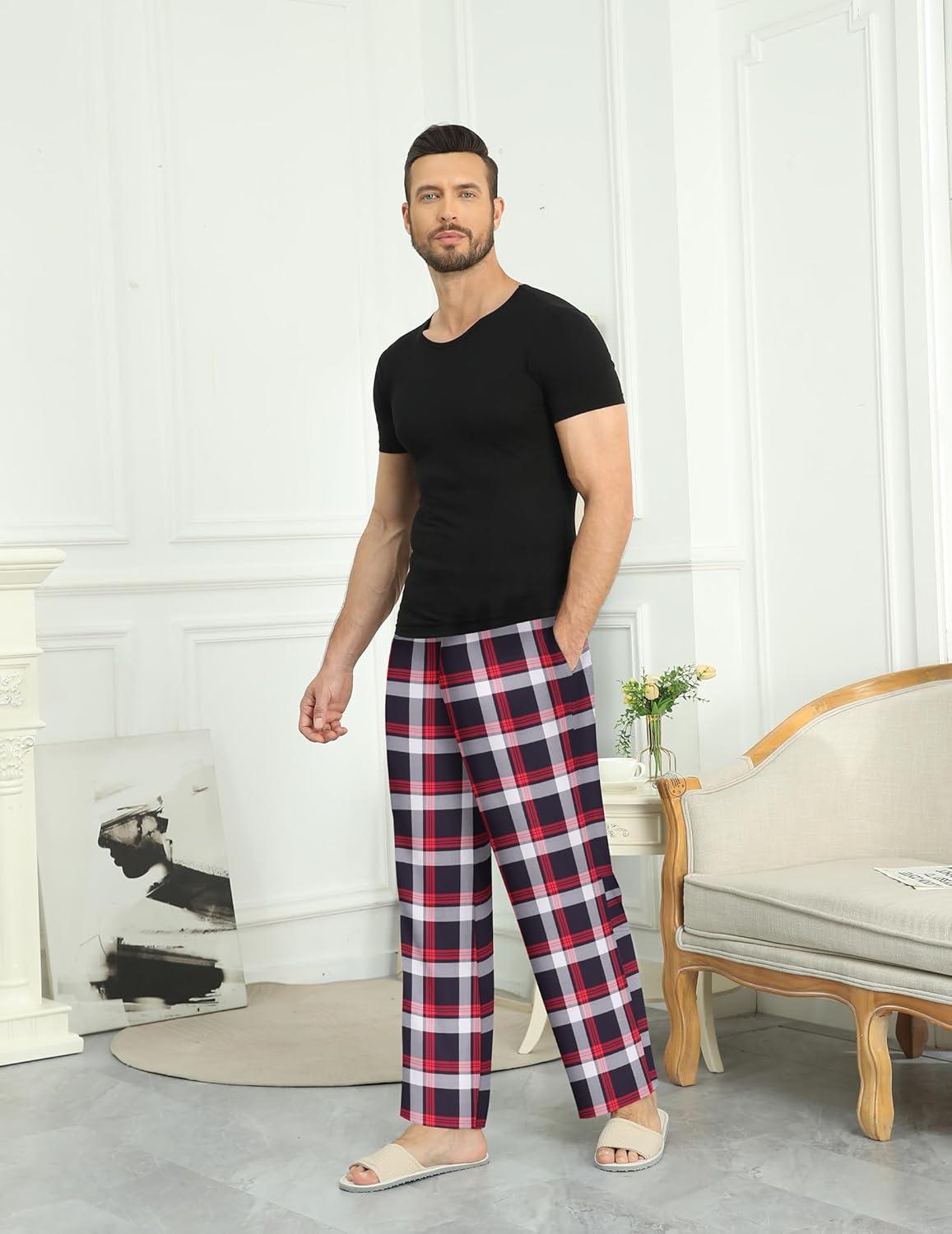 imageEkouaer Mens Pajama Pants Plaid Pj Lounge Pants Soft PJ Bottoms with Pockets amp Drawstring SXXLRed and White Plaid