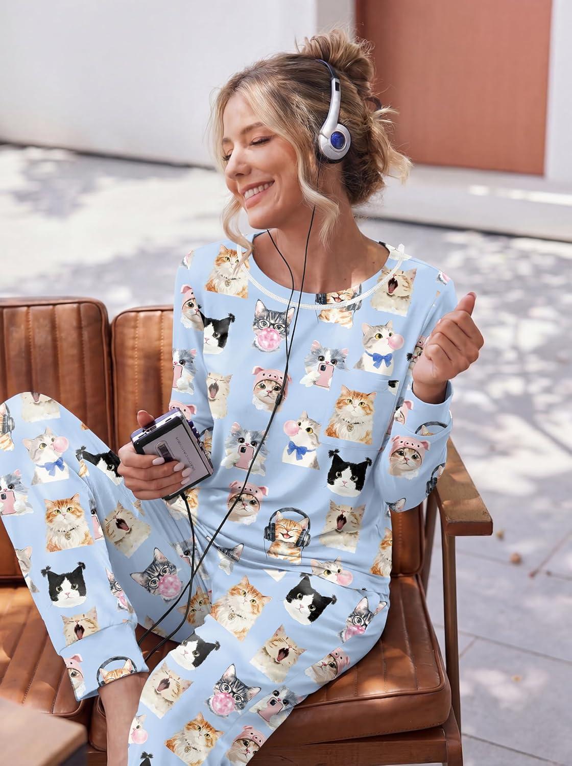 imageEkouaer Pajamas Womens Long Sleeve Sleepwear with Long Pants Soft Loungewear Pj Set SXXLLight Blue Cat
