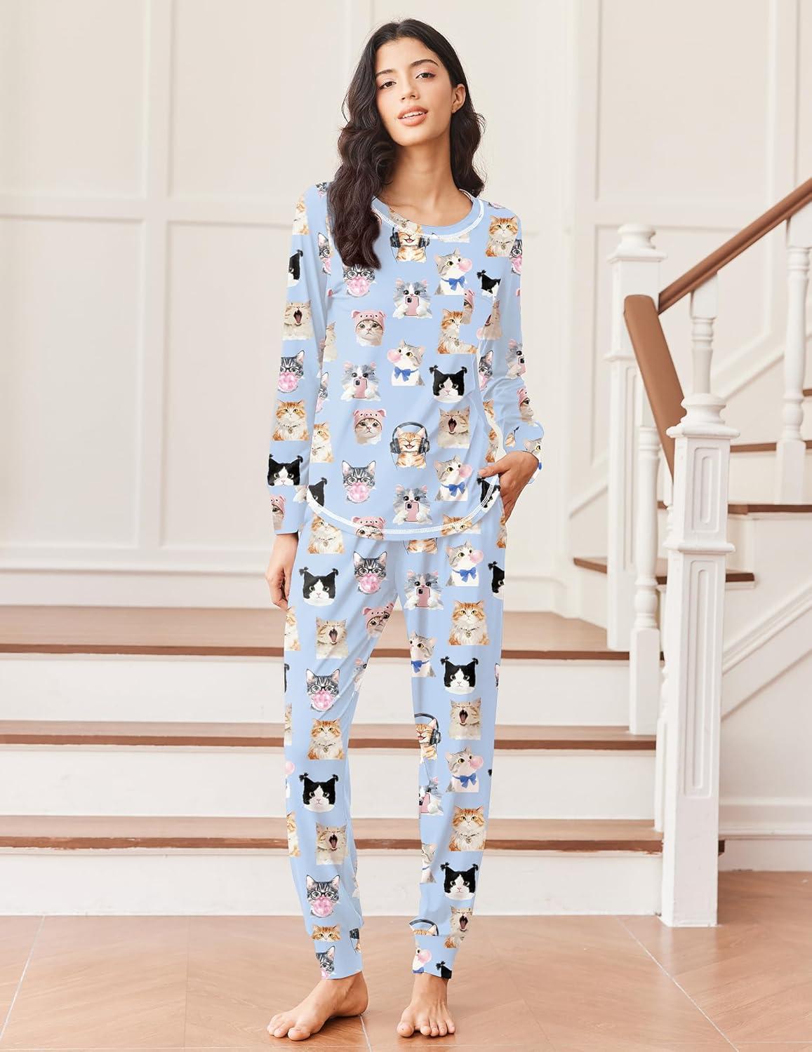 imageEkouaer Pajamas Womens Long Sleeve Sleepwear with Long Pants Soft Loungewear Pj Set SXXLLight Blue Cat