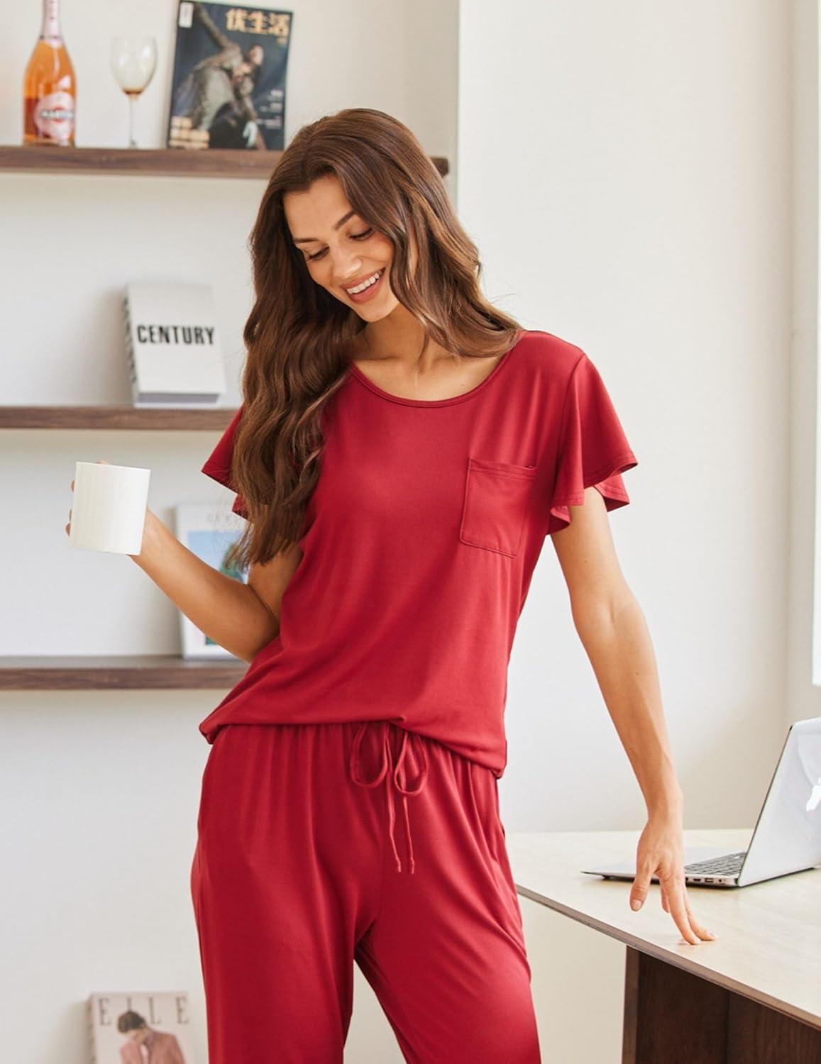 imageEkouaer Pajamas for Women Set 2 Piece Comfy Loungewear Lightweight Pjs Sleepwear Short Sleeve Top amp Long Pants with PocketsRed