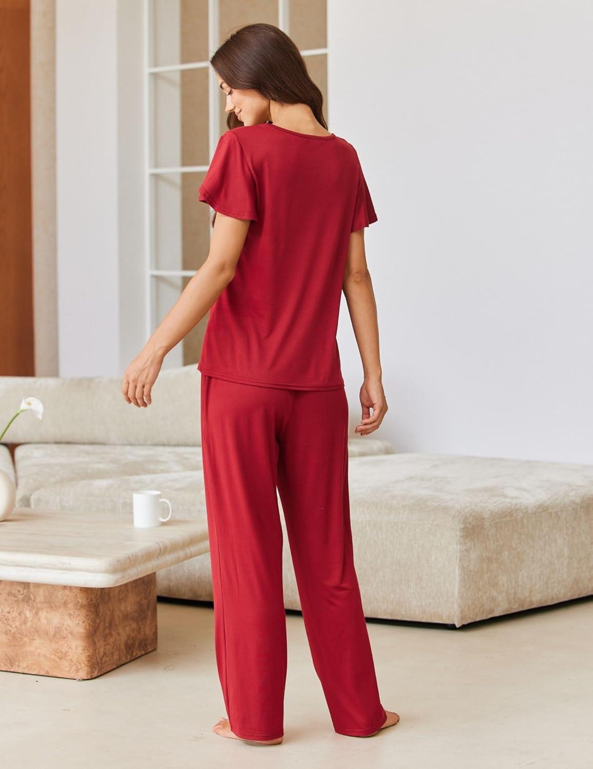 imageEkouaer Pajamas for Women Set 2 Piece Comfy Loungewear Lightweight Pjs Sleepwear Short Sleeve Top amp Long Pants with PocketsRed