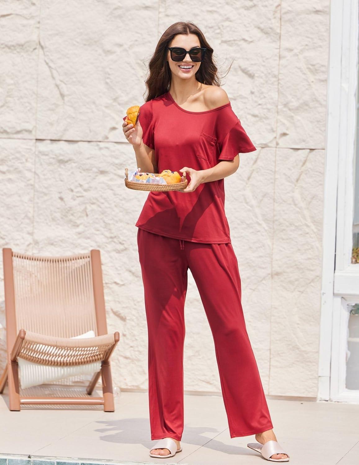 imageEkouaer Pajamas for Women Set 2 Piece Comfy Loungewear Lightweight Pjs Sleepwear Short Sleeve Top amp Long Pants with PocketsRed