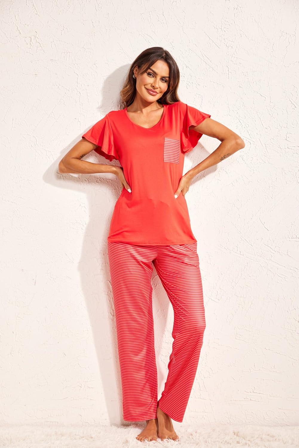 imageEkouaer Pajamas for Women Set 2 Piece Comfy Loungewear Lightweight Pjs Sleepwear Short Sleeve Top amp Long Pants with PocketsRed Stripe