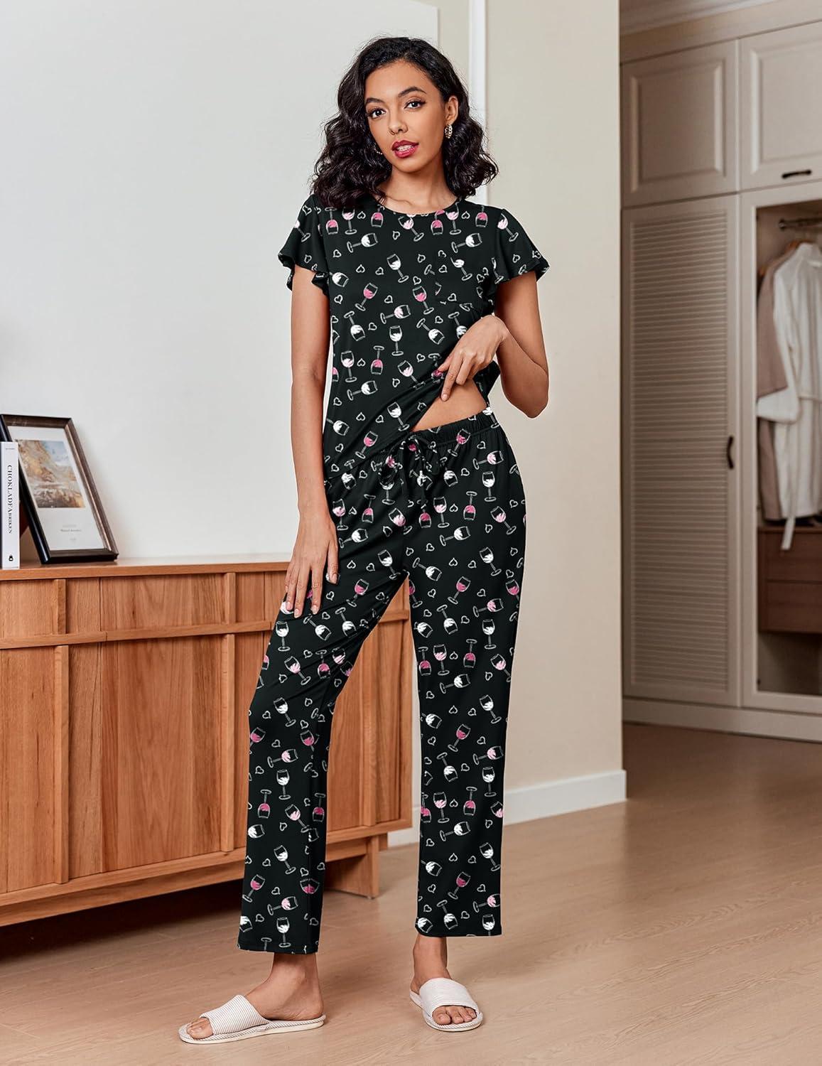 imageEkouaer Pajamas for Women Set 2 Piece Comfy Loungewear Lightweight Pjs Sleepwear Short Sleeve Top amp Long Pants with PocketsWine Glasses