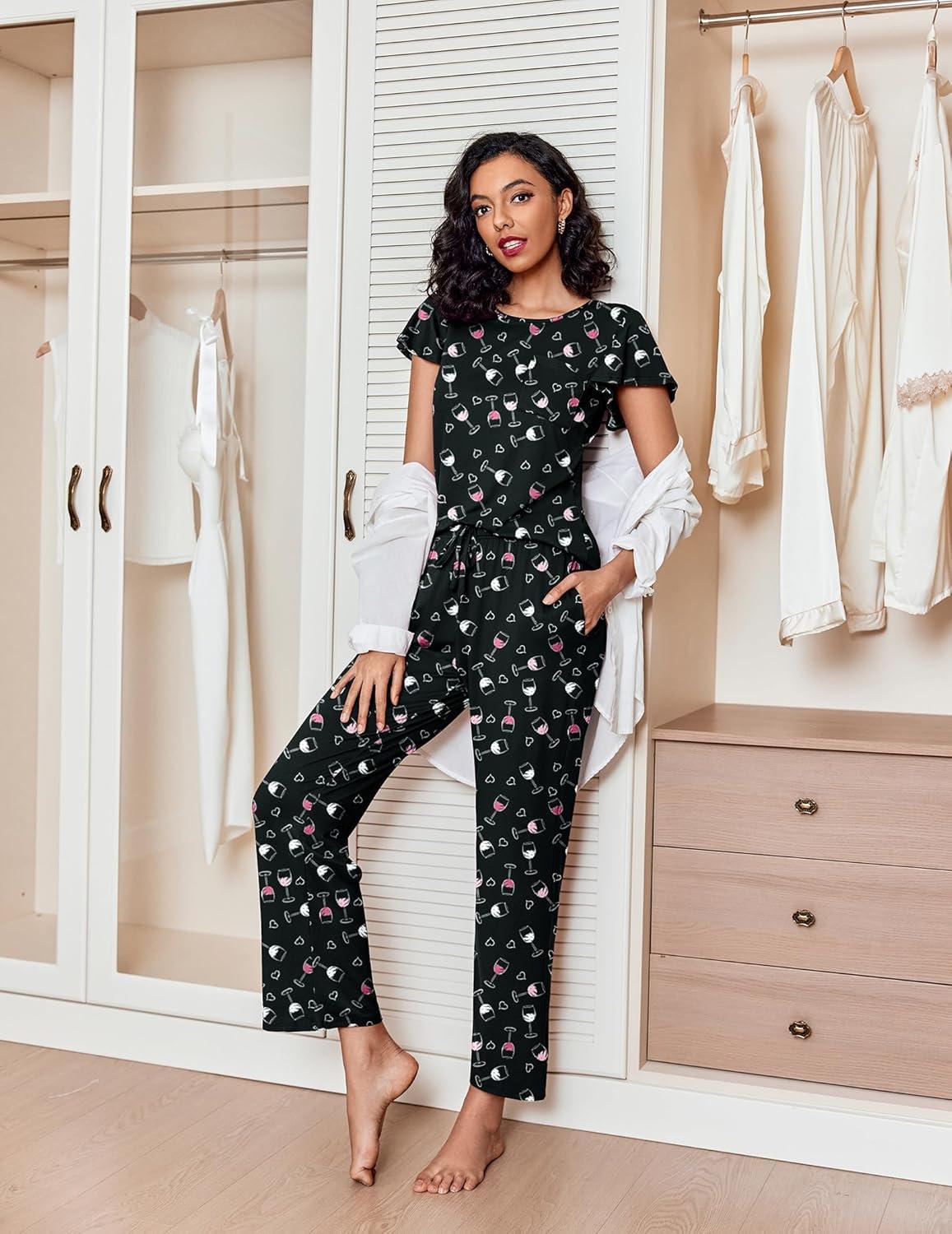 imageEkouaer Pajamas for Women Set 2 Piece Comfy Loungewear Lightweight Pjs Sleepwear Short Sleeve Top amp Long Pants with PocketsWine Glasses