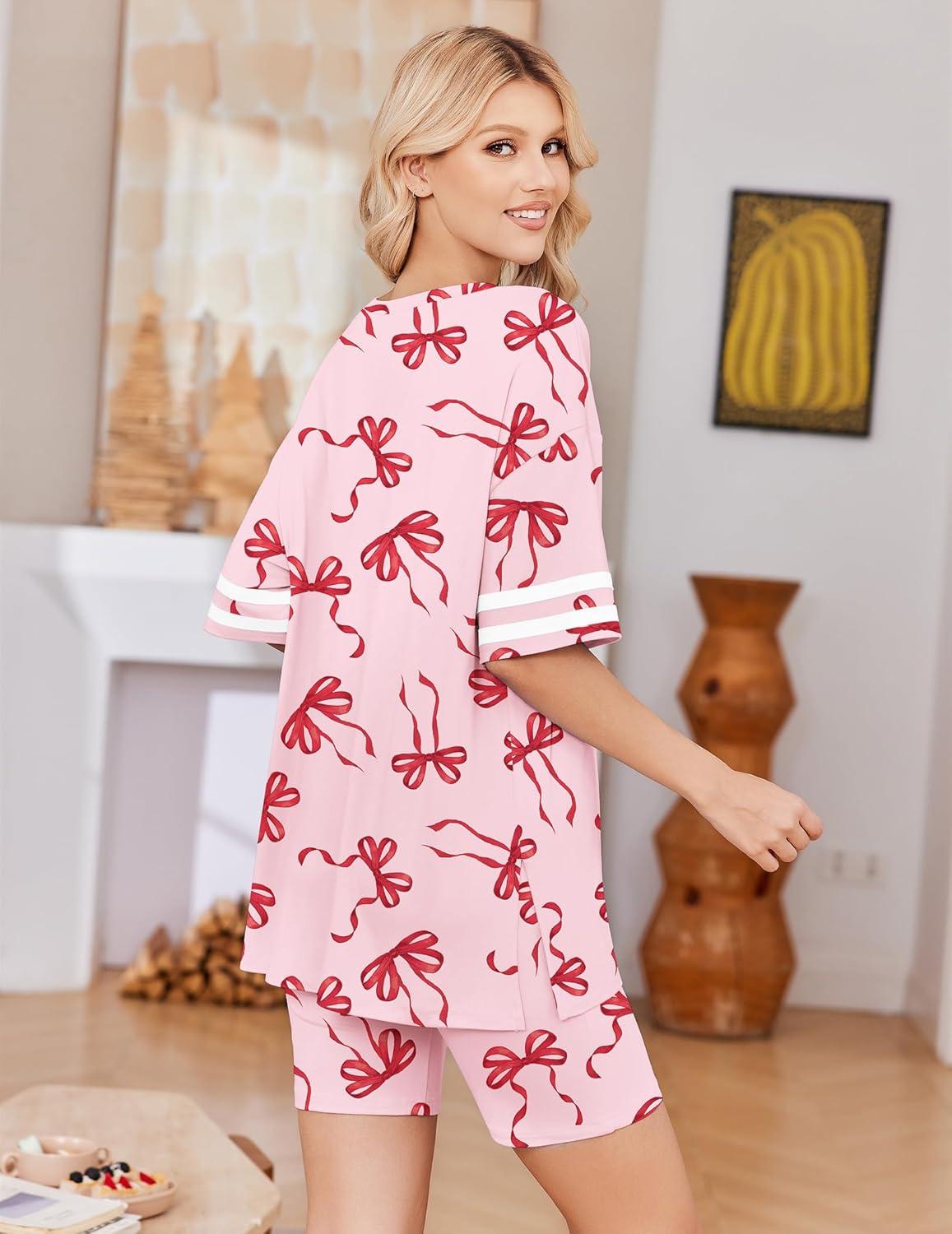 imageEkouaer Womens Pajamas 2 Piece Lounge Set Casual Oversized Short Sleeve Tops Biker Shorts Set Comfy Pjs Outfits SXXLBow Knot Pink Red