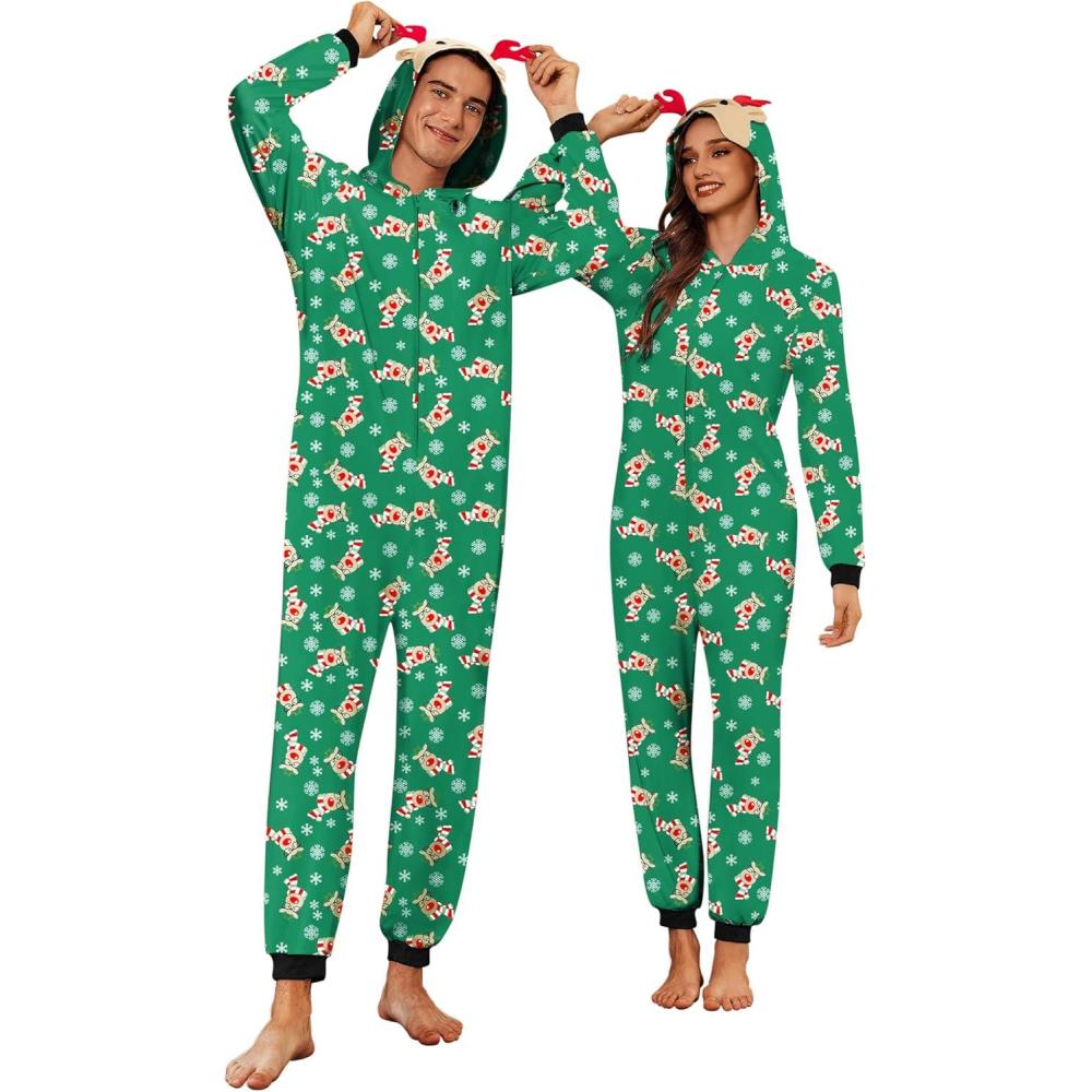 imageEkouaer Christmas Matching Onesie for Couples Elk Antler Hooded Zipper Long Sleeve Pajamas with Pockets SXXL
